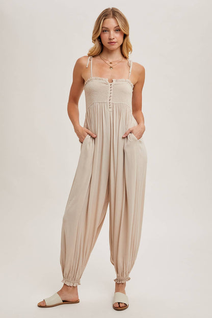 Gauze Smocked Button Front Shoulder Tie Jumpsuit - Whimsical Details - jumper, jumpsuit, transition