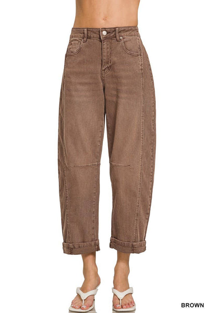 High Rise Barrel-leg Cropped Color Denim Pants