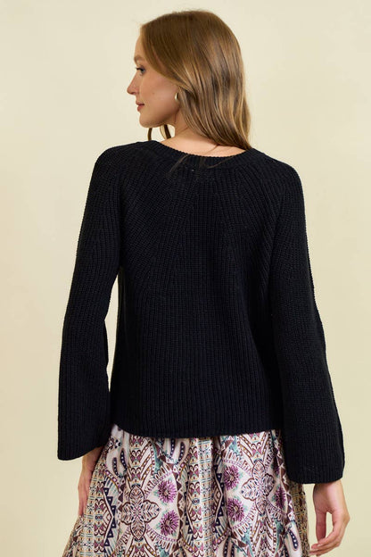 BLOUSON SLEEVE RIBBED CARDIGAN W/ BUTTONS