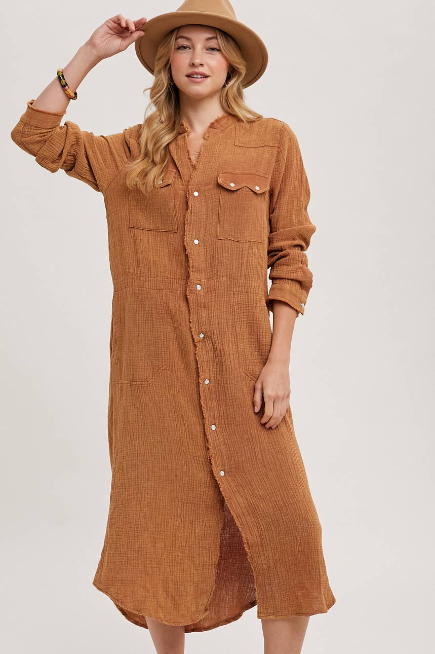 Washed Denim Midi Button Down Shirt Dress - Whimsical Details - transition