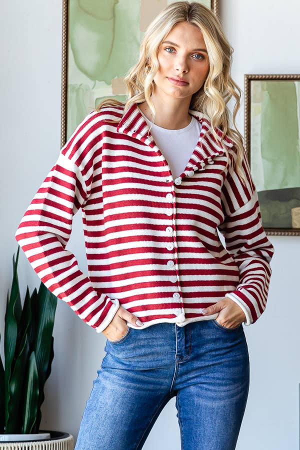 Mock Neck Stripe Sweater - Whimsical Details - ["button up","cardigan","snap cardigan","Spring","sweater"]