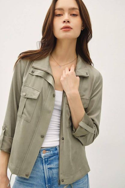 Cropped Utility Zipper Safari Jacket - Whimsical Details - ["Jacket","Safari Jacket","Sand","sand beige","utility jacket","zip","zip up"]