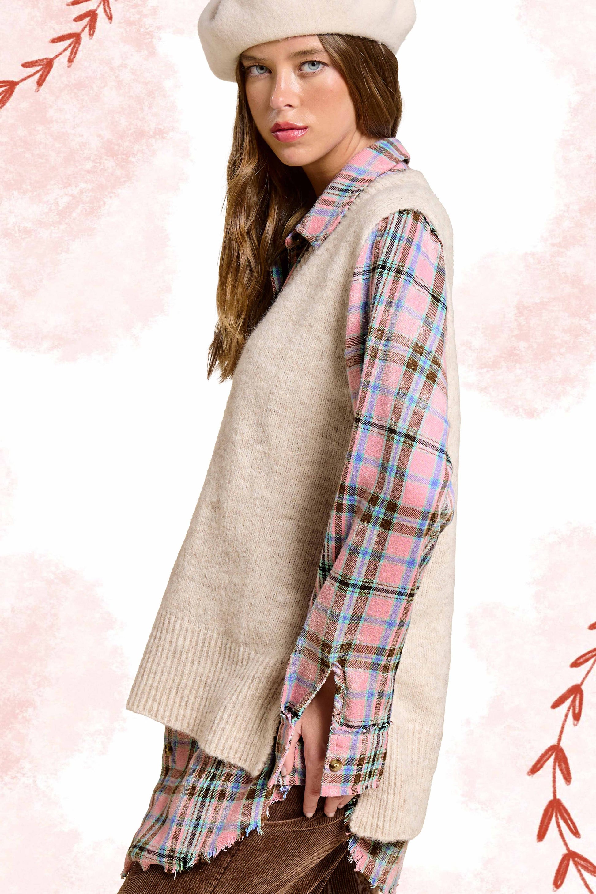 Oversized Soft Knit Sweater Vest with Side Slit - Whimsical Details - ["black sweater","sweater","Sweater Vest","v neck","vest"]