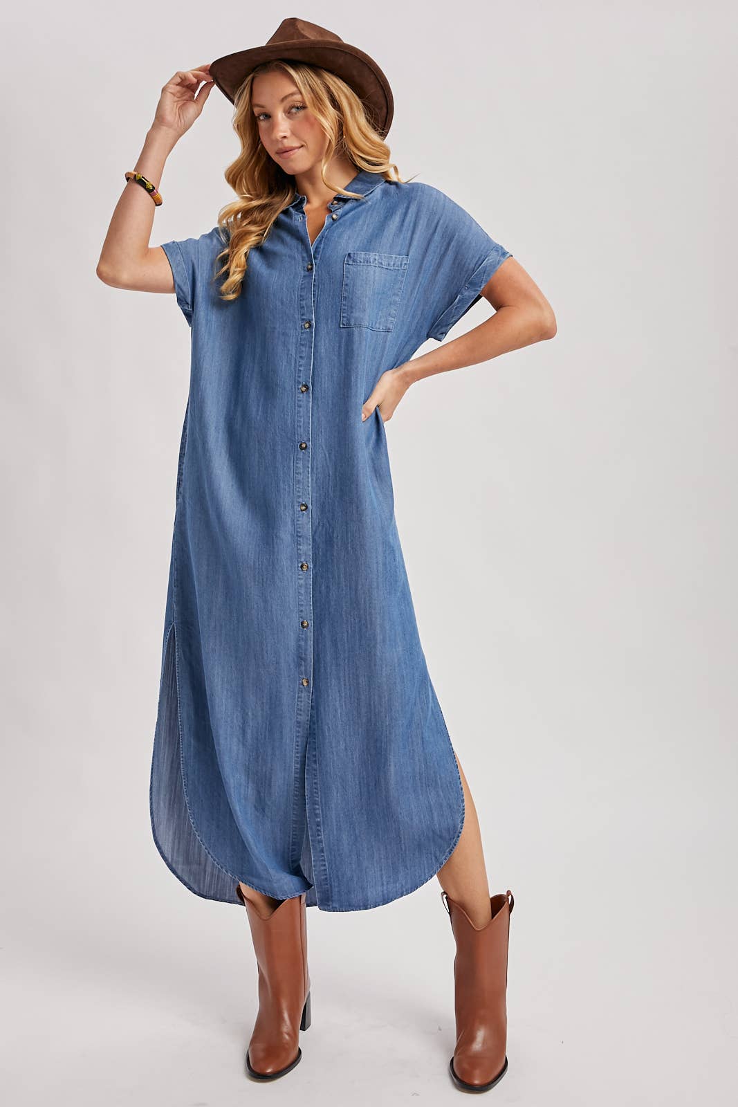 Denim Button Down Side Slit Shirt Maxi Dress