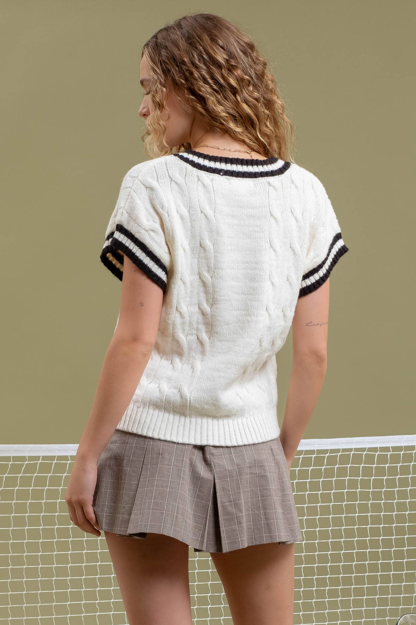 Cableknit Short Sleeve Tennis Sweater