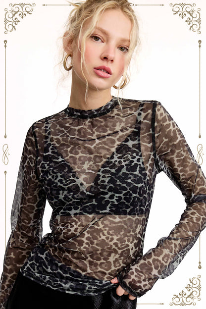 Semi Sheer Leopard Printed Long Sleeve Mesh Top