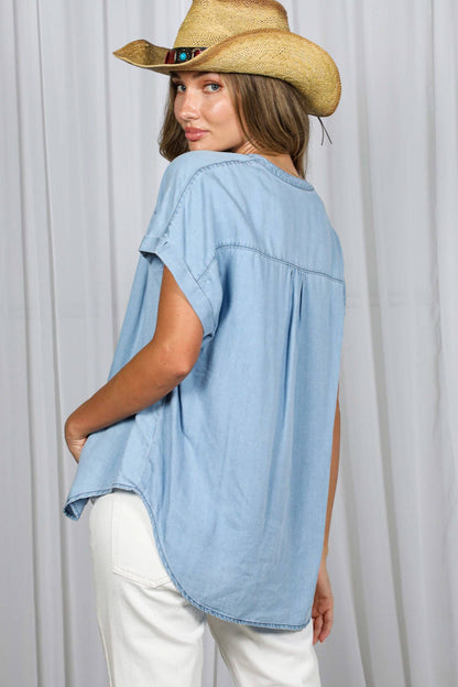 V Neck Collared 100% Tencel Chambray Shirt