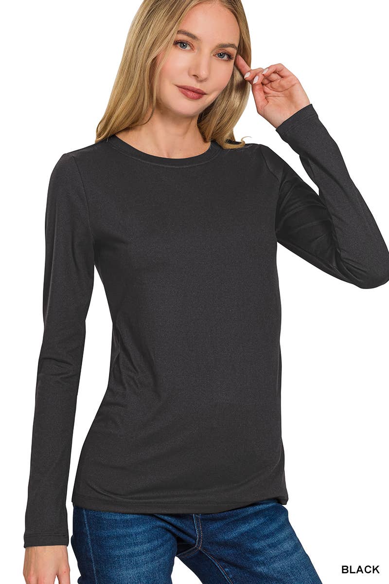 Brushed Microfiber Long Sleeve Round Neck Tee - Whimsical Details - ["Basic","basics","black","Long sleeve"]