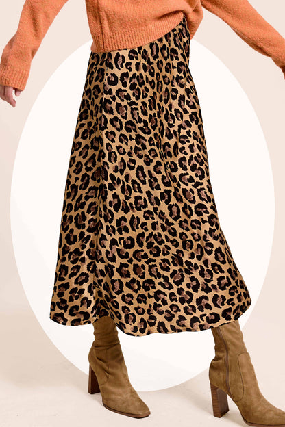Leopard Dressy Satin Skirt Long Panel Skirt