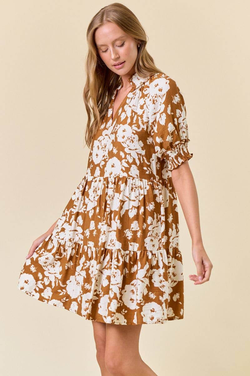 Floral Print Split V-Neck Puff Short Sleeve Dress