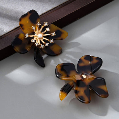 Tortoise Flower Rhinestone Sunburst Earrings