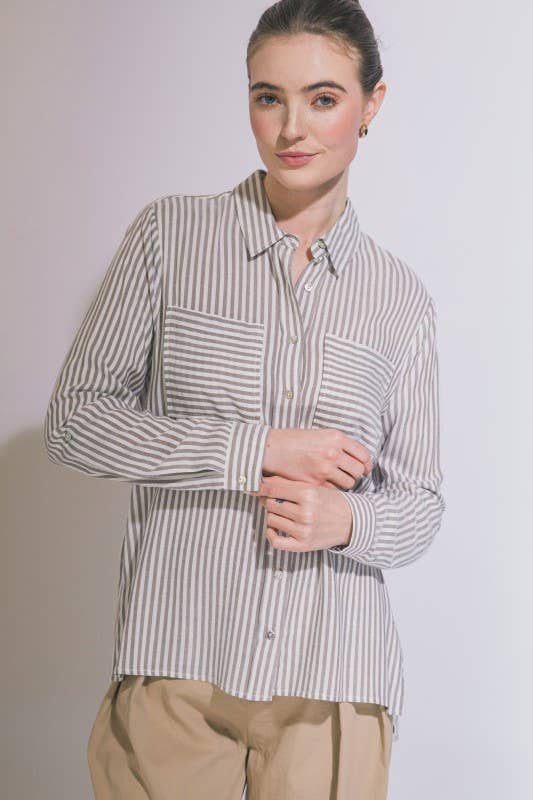 Striped Roll Up Button Down Blouse - Whimsical Details - ["Blouse","button down","button up","buttons","stripe","striped","Striped Shirt","stripes"]