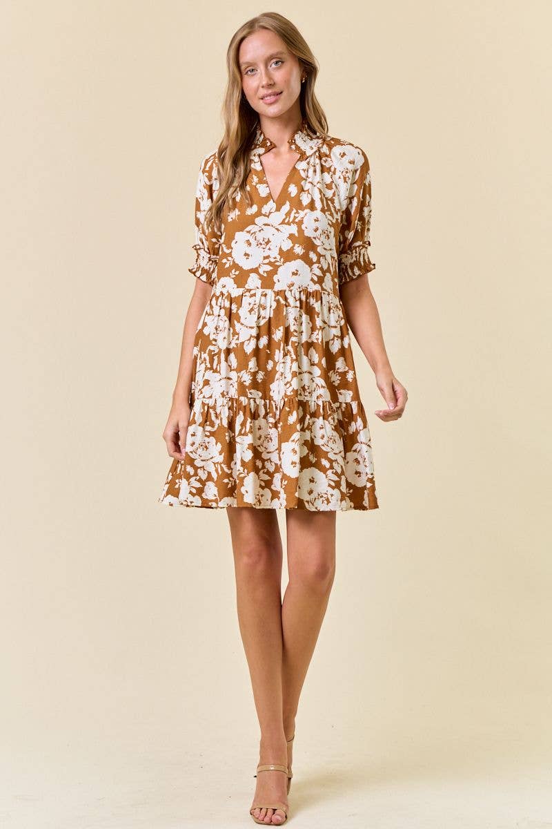 Floral Print Split V-Neck Puff Short Sleeve Dress