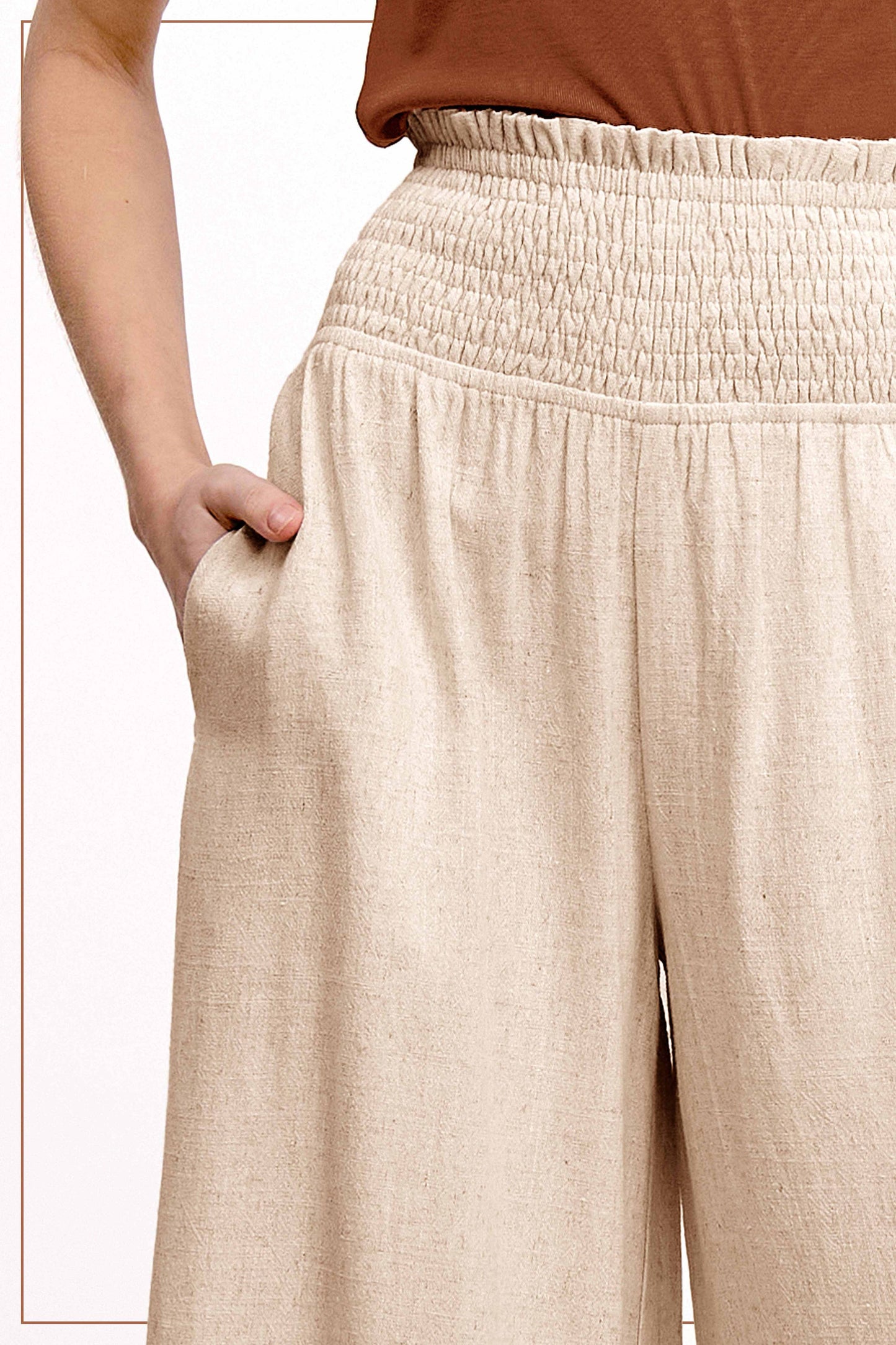 Smocked Waist High Waist Pants with Side Pockets