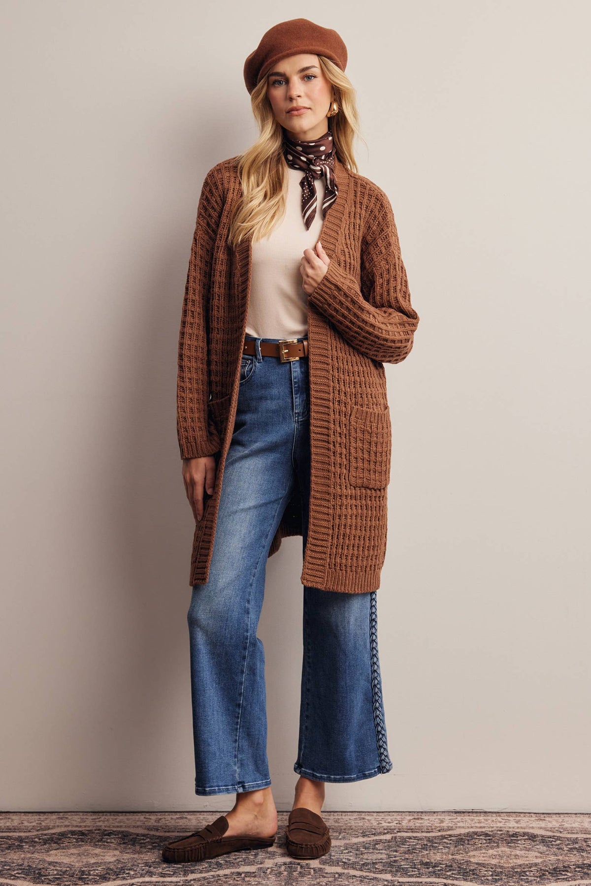 Waffle Knit Open Front Long Cardigan