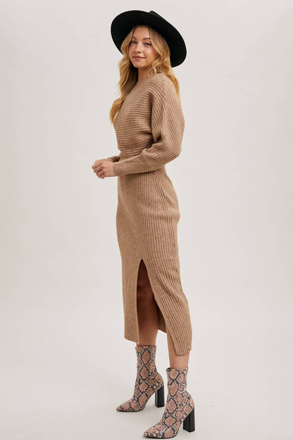 One Shoulder Off Side Slit Midi Knit Sweater Dress