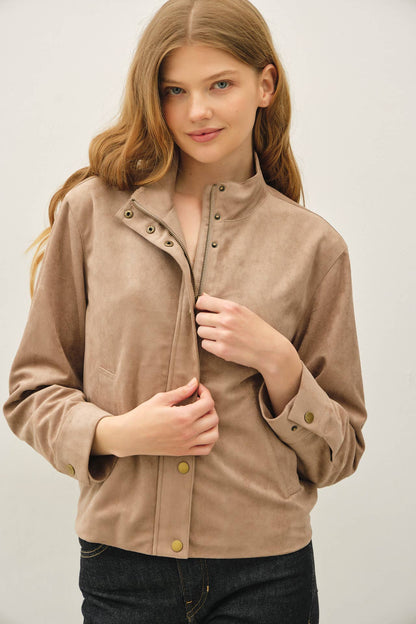 Suede Feel High Neck Collared Bomber