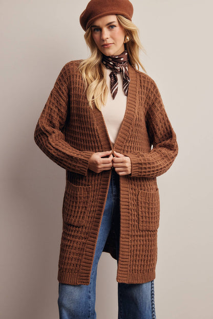 Waffle Knit Open Front Long Cardigan