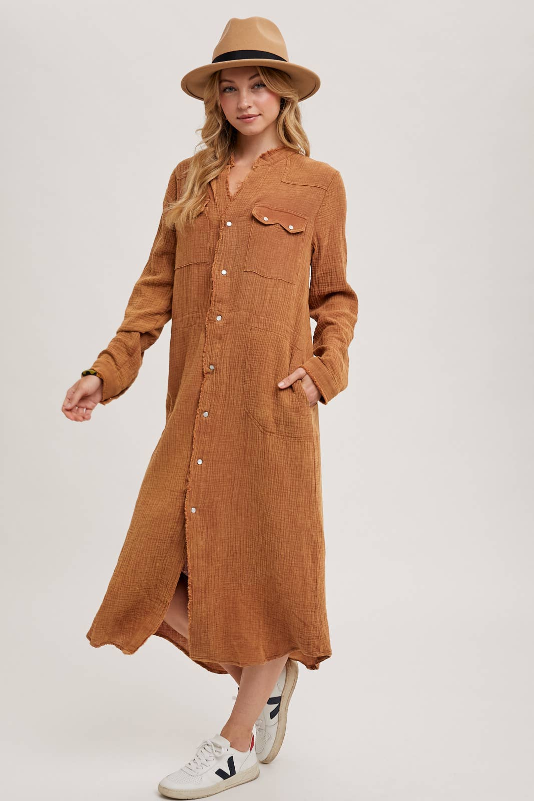 Washed Denim Midi Button Down Shirt Dress - Whimsical Details - transition