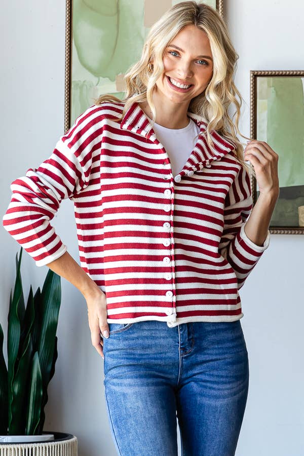 Mock Neck Stripe Sweater - Whimsical Details - ["button up","cardigan","snap cardigan","Spring","sweater"]