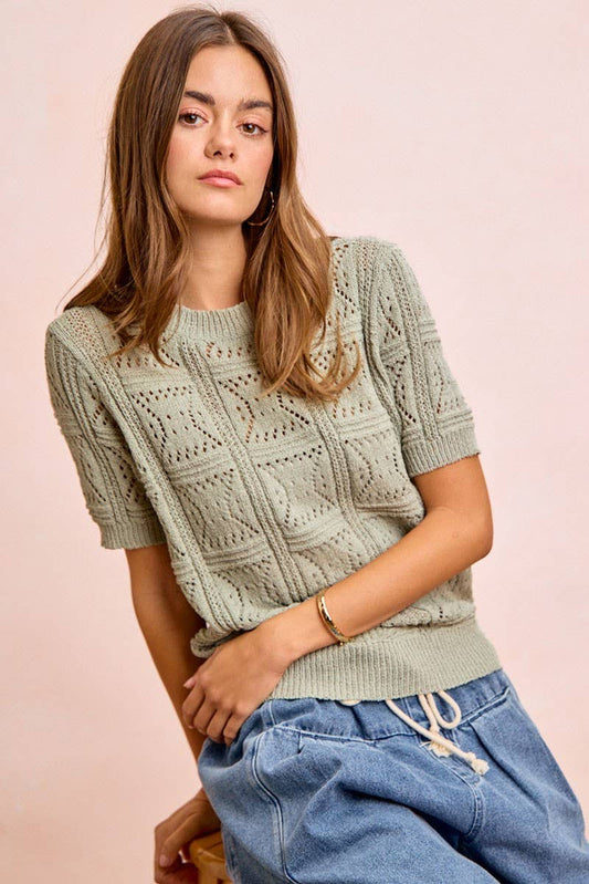 Washed Textured Short Sleeve Breathable Knit Top
