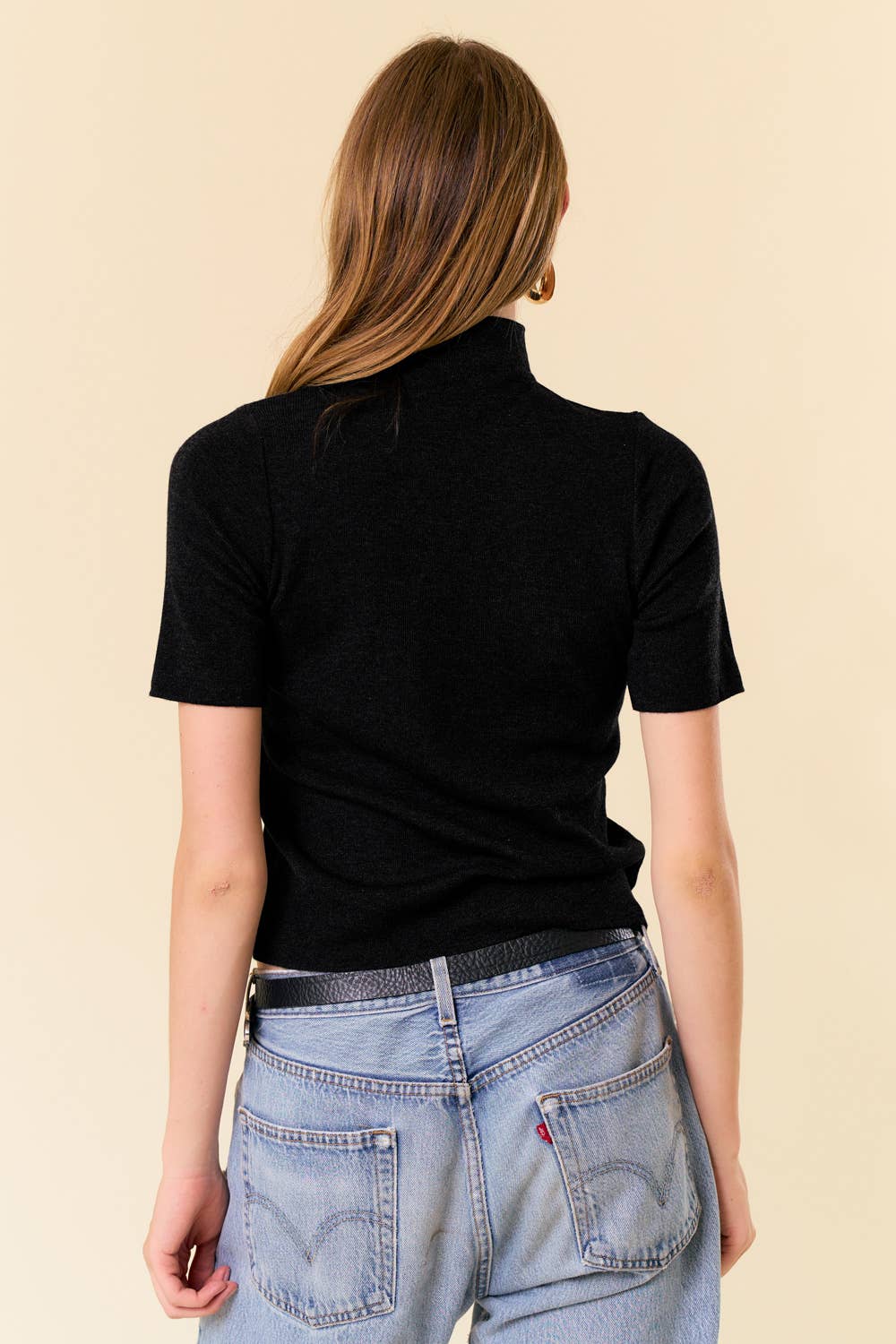 MOCK NECK HALF SLEEVE BASIC SWEATER TOP