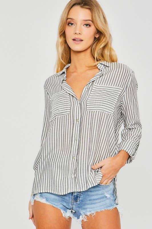 Striped Roll Up Button Down Blouse - Whimsical Details - ["Blouse","button down","button up","buttons","stripe","striped","Striped Shirt","stripes"]