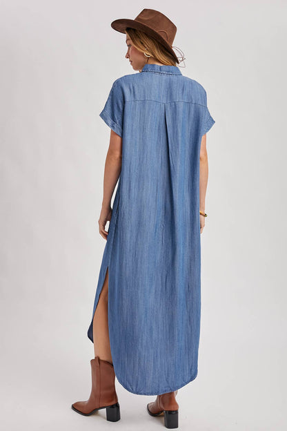 Denim Button Down Side Slit Shirt Maxi Dress