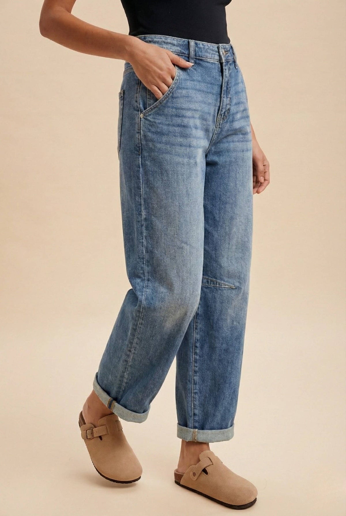 Stretch Denim Loose Fit Roll Up Barrel-leg Jean