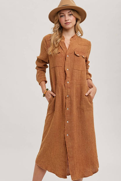 Washed Denim Midi Button Down Shirt Dress - Whimsical Details - transition