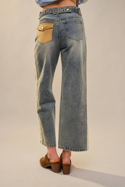 Contrast Panel and Pocket Wide Denim Jeans