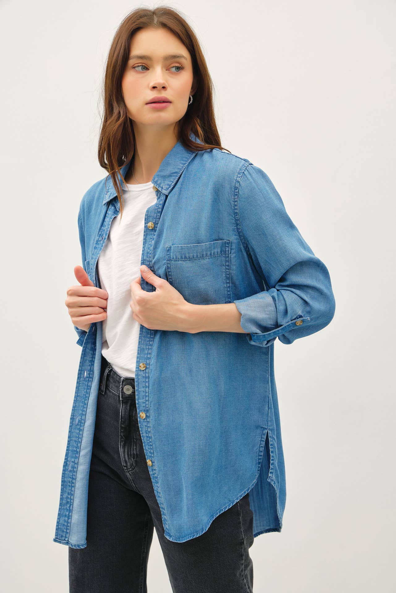 DENIM TENCEL BUTTON UP OVERSIZED SHIRT