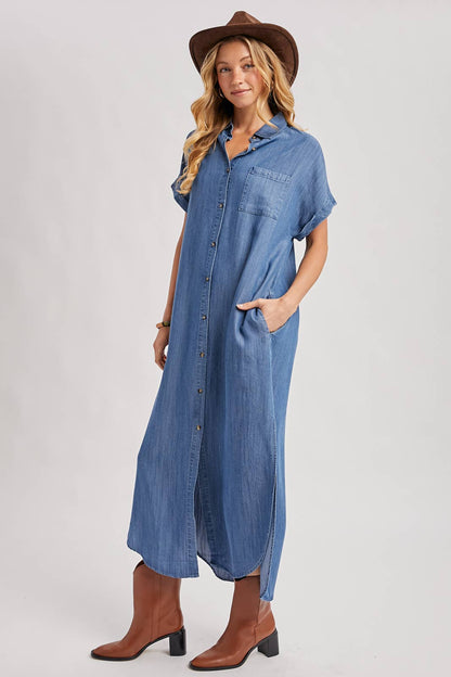 Denim Button Down Side Slit Shirt Maxi Dress
