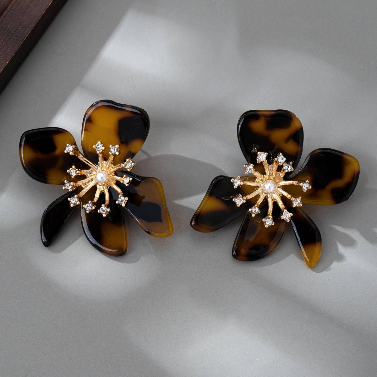 Tortoise Flower Rhinestone Sunburst Earrings