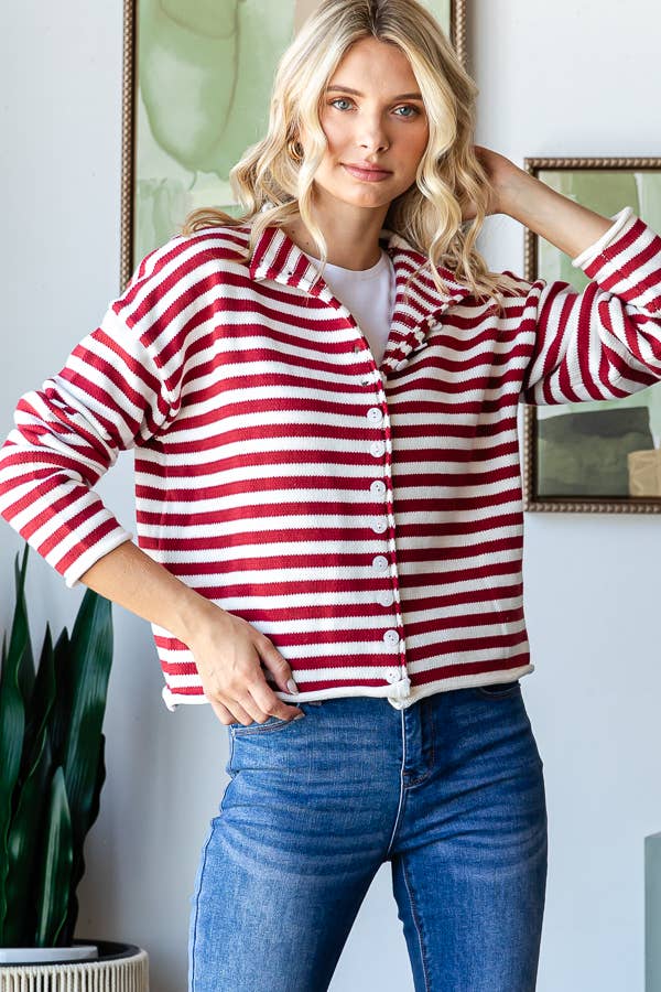 Mock Neck Stripe Sweater - Whimsical Details - ["button up","cardigan","snap cardigan","Spring","sweater"]