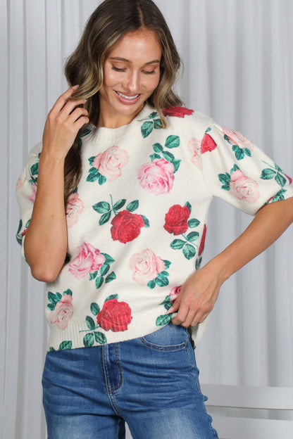 English Roses Crew Neck Cozy Soft Knit Sweater