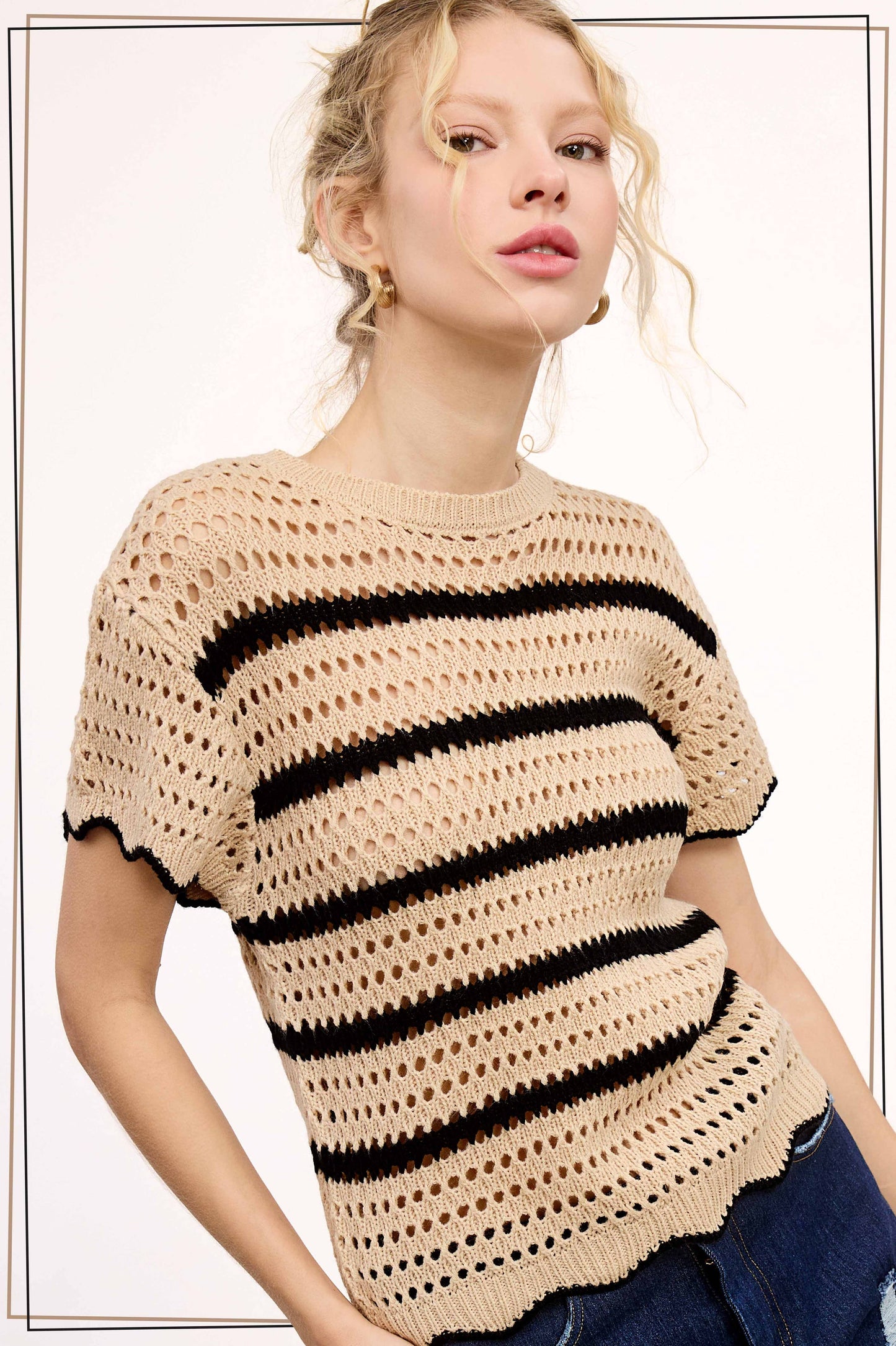 Round Neck Scalloped Edge Short Sleeve Sweater Easte