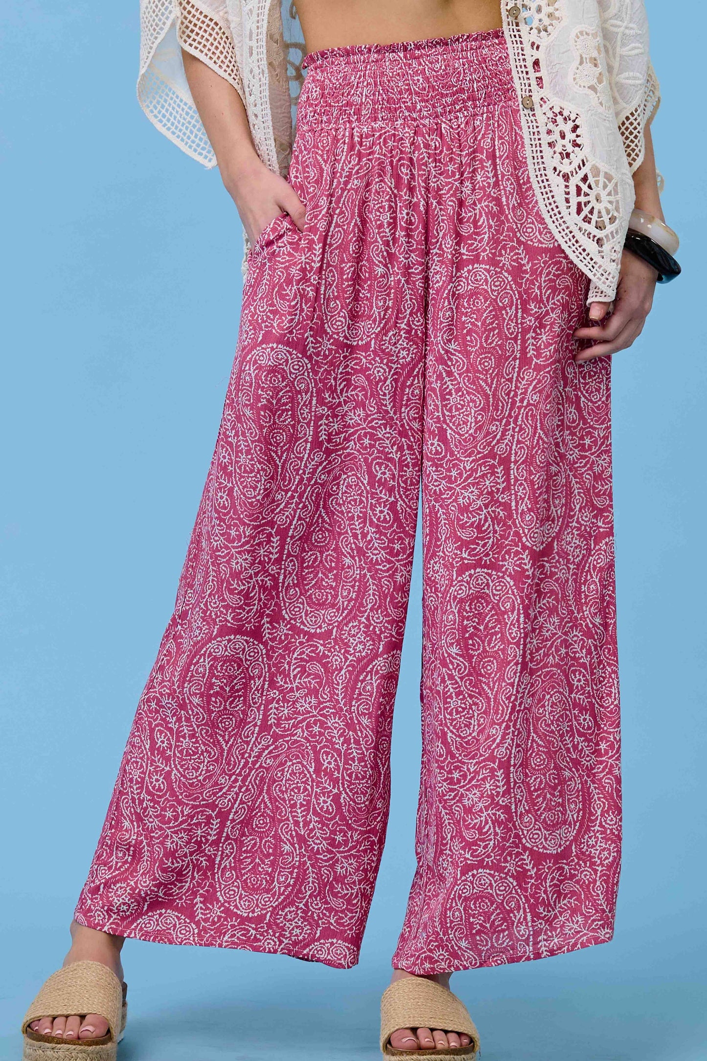 Boho Paisley Print Wide Leg Flowy Pants with Pockets - Whimsical Details - ["Flare pants","flouncy pants","pants","Spring"]