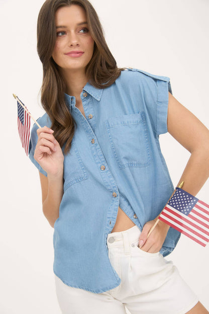 CHAMBRAY COLLARED TAB SLEEVE DETAIL SHIRT