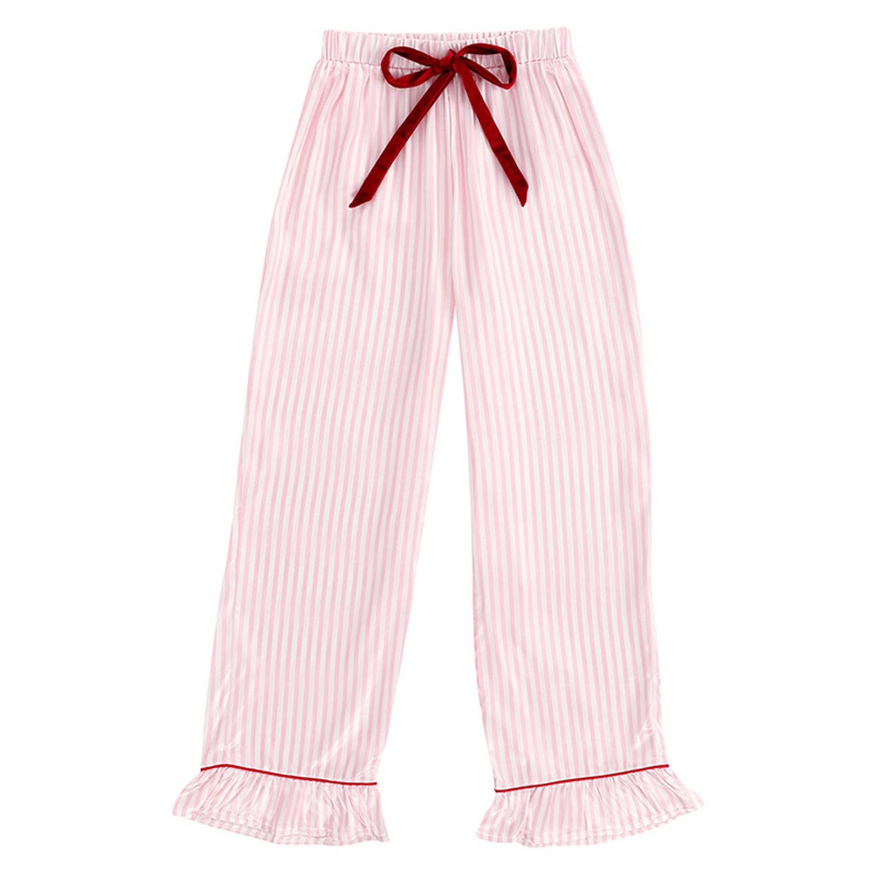 Ruffle PJ Set With Velvet Tie - Pink Stripe - Whimsical Details - []