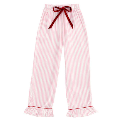 Ruffle PJ Set With Velvet Tie - Pink Stripe - Whimsical Details - []