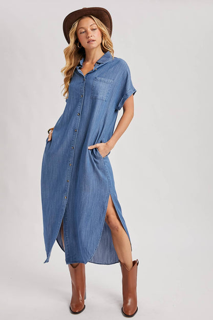 Denim Button Down Side Slit Shirt Maxi Dress