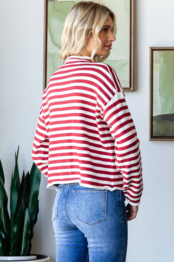 Mock Neck Stripe Sweater - Whimsical Details - ["button up","cardigan","snap cardigan","Spring","sweater"]