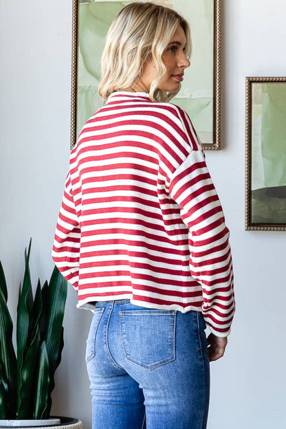 Mock Neck Stripe Sweater - Whimsical Details - ["button up","cardigan","snap cardigan","Spring","sweater"]