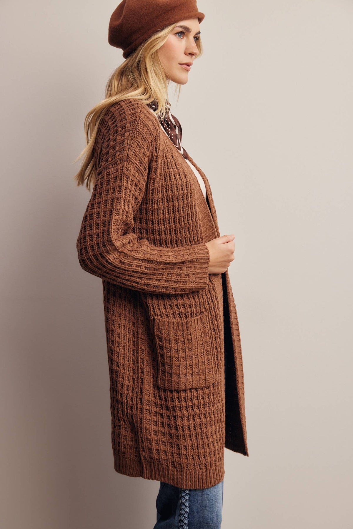 Waffle Knit Open Front Long Cardigan