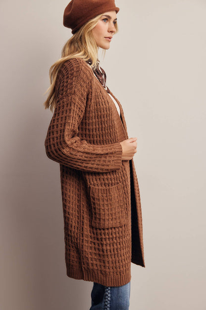 Waffle Knit Open Front Long Cardigan