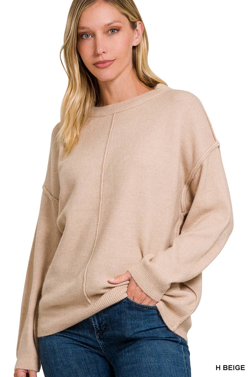 Garment Dyed Front Seam Round-neck Sweater - Whimsical Details - ["beige sweater","cream sweater","Heather Beige","Light Sweater","soft sweater","sweater"]