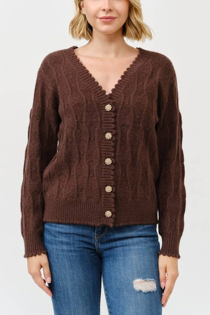V Neck Golden Button Up Cardigan