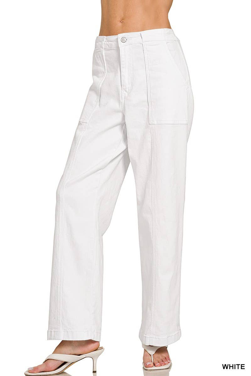 High Rise Utility Pocket Color Denim Pants - Whimsical Details - ["cargo pants","pants"]