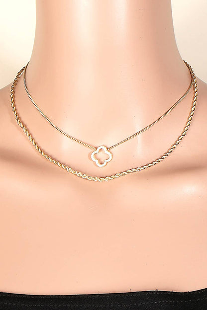 Cz Clover Pendant Layered Rope Chain Necklace